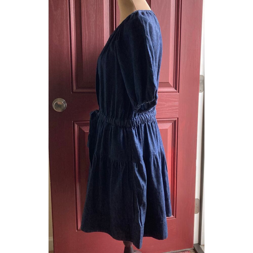 Free Assembly Denim Midi Dress M Blue VNeck Puff Sleeve Tie Belt Cottage Peasant - Picture 2 of 12